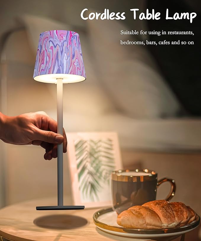 1pc Cordless Table Lamp，5200mAh Oil Painting Series Battery Operated Lamp，3 Color Stepless Dimming Up，IP54 Waterproof Rechargeable Battery Desk Lamp（Pink）