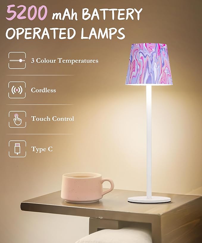 1pc Cordless Table Lamp，5200mAh Oil Painting Series Battery Operated Lamp，3 Color Stepless Dimming Up，IP54 Waterproof Rechargeable Battery Desk Lamp（Pink）