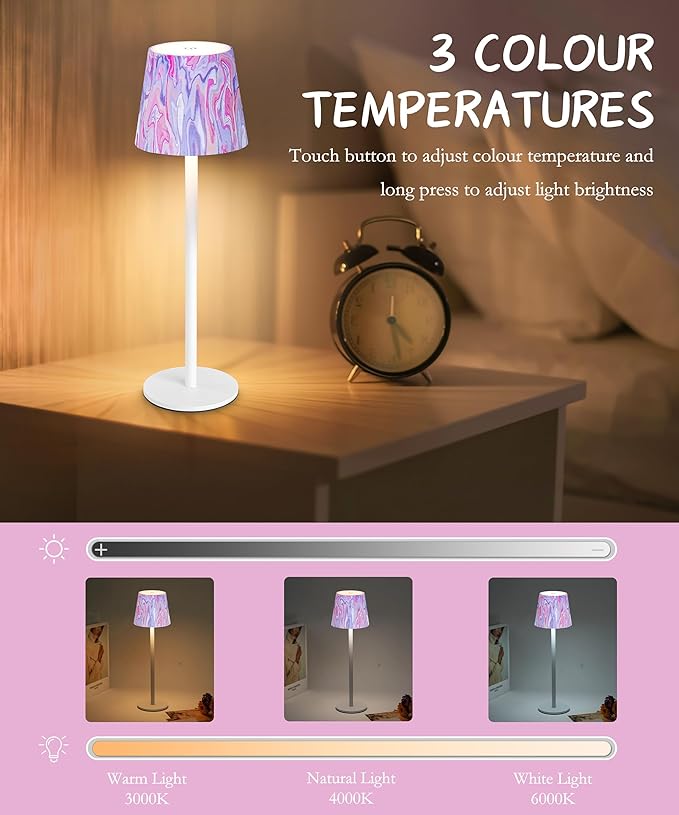 1pc Cordless Table Lamp，5200mAh Oil Painting Series Battery Operated Lamp，3 Color Stepless Dimming Up，IP54 Waterproof Rechargeable Battery Desk Lamp（Pink）