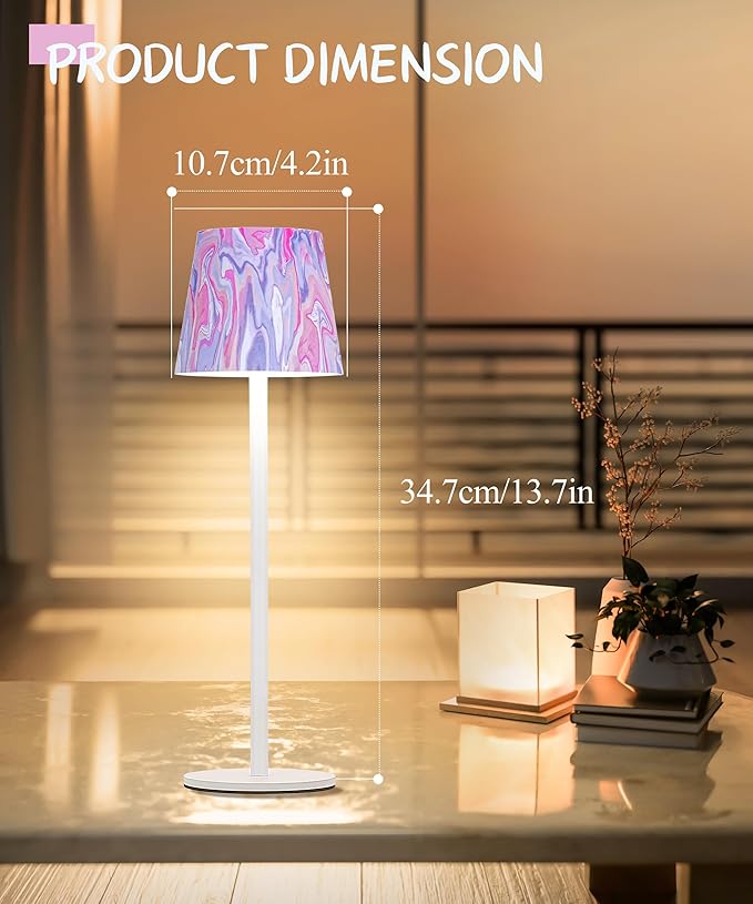 1pc Cordless Table Lamp，5200mAh Oil Painting Series Battery Operated Lamp，3 Color Stepless Dimming Up，IP54 Waterproof Rechargeable Battery Desk Lamp（Pink）