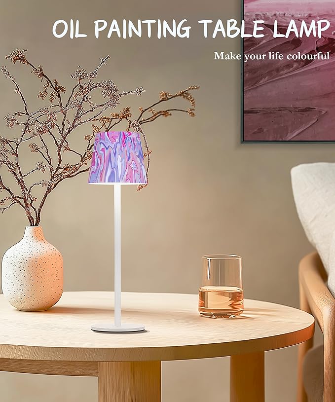 1pc Cordless Table Lamp，5200mAh Oil Painting Series Battery Operated Lamp，3 Color Stepless Dimming Up，IP54 Waterproof Rechargeable Battery Desk Lamp（Pink）